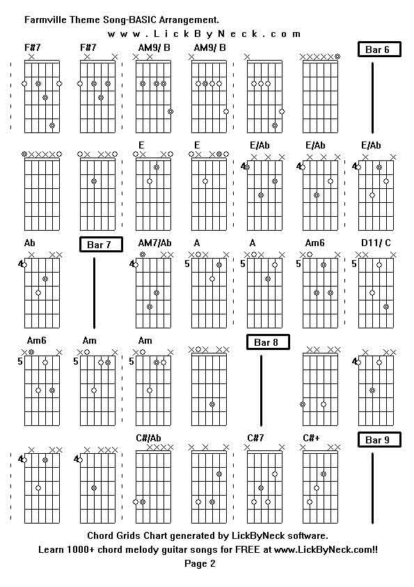 Chord Grids Chart of chord melody fingerstyle guitar song-Farmville Theme Song-BASIC Arrangement,generated by LickByNeck software.